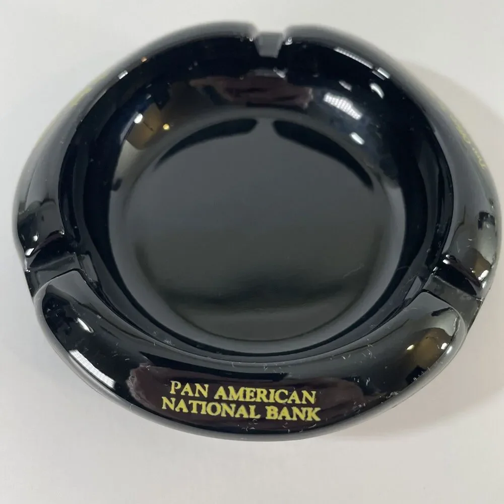 Vtg Pan American National Bank Black Glass Ashtray